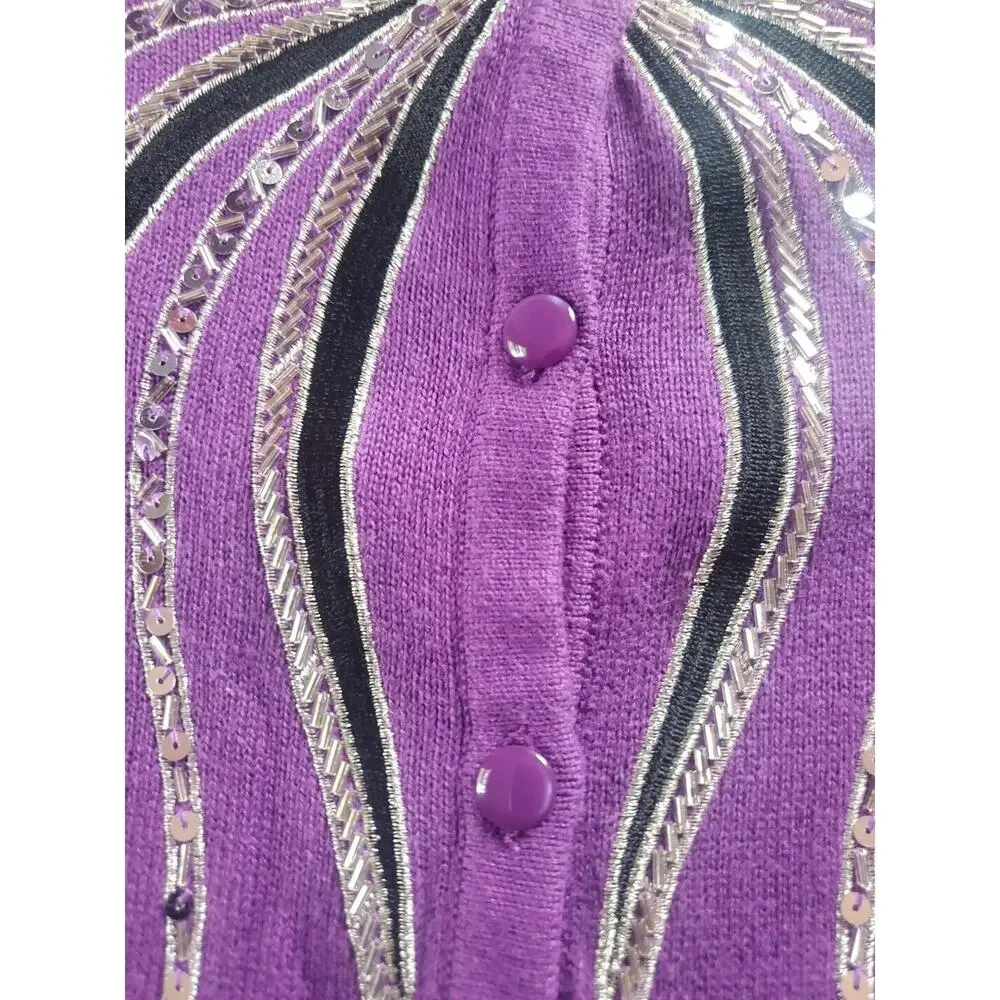 Bob Mackie Wearable Art XL Purple Sequined 3/4 Sleeve Buttons Cardigan Sweater